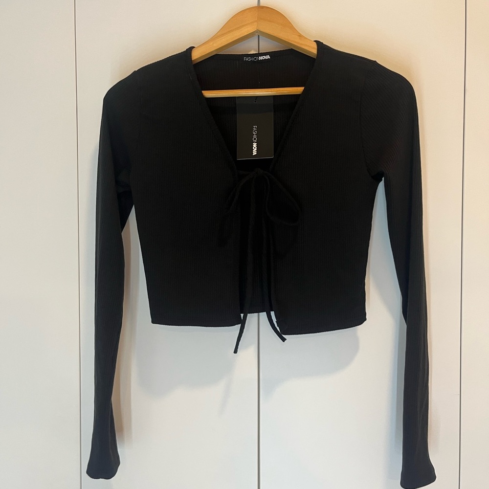 Fashion Nova Tie Front Black Long Sleeve Crop Top